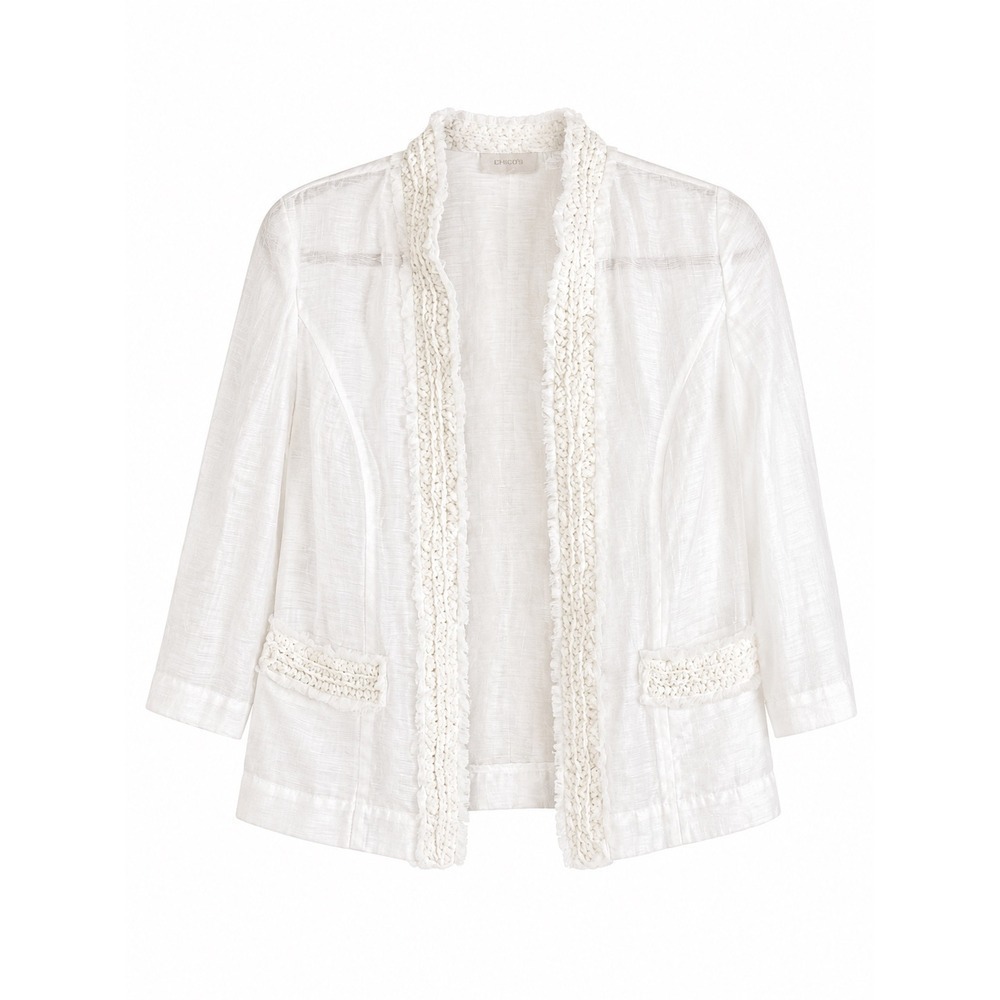 Chico's Size 0 Small White Linen Blend Open Front Jacket Cardigan Boho Chic